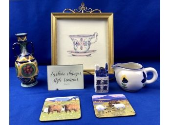 Framed Tea Cup, Delft House, Dansk Pitcher, Italian Vase, Coasters, Metal Easel, & Ben's Garden Quote Plate