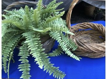 Two Grapevine Baskets - One Planted With Faux Fern