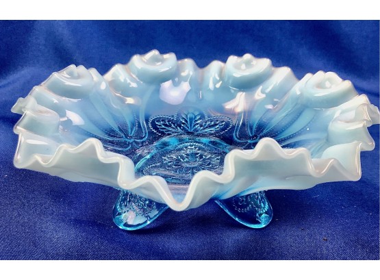 Vintage Jefferson Ruffled Blue Opalescent Glass Footed Bowl, 'Meander' Pattern