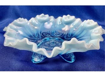 Vintage Jefferson Ruffled Blue Opalescent Glass Footed Bowl, 'Meander' Pattern
