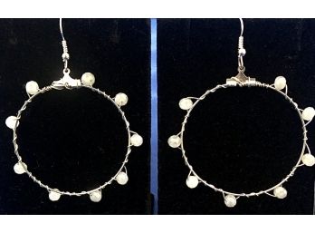Silver Tone Hoop Earrings With White Beads