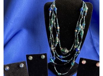 Layered Necklace With 3 Pairs Earrings