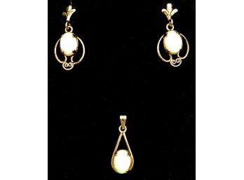 Opal Earrings & Drop Pendant - Some Markings On Back Of Earrings - Hard To Read - Likely Gold Filled
