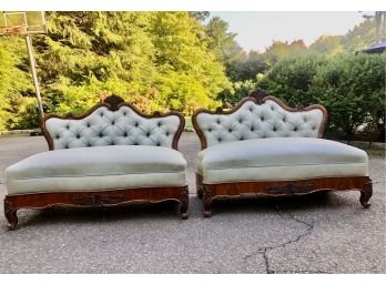 Rare Matching Pair Of Fireside Settees Also Referred To As 'Bustle Benches' -  C1850 American Empire