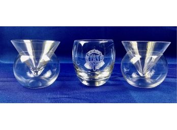Two Matching Stemless Martini Chillers Plus One Acid Etched Whiskey Glass