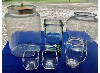 Glassware - Large Covered Container, Large Open Container, Large Green Glass Vase, Votives, & Mason Jar Vase
