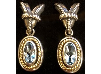 Sterling Silver, 18K Gold, & Blue Faceted Stone Earrings