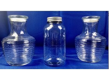 Glass Containers - Two Matching Lidded Carafes & One Oversized Lidded Crown Mason Jar