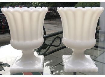 Pair Of Vintage Milk Glass Jardiniere Vases - Square Bases With Lovely Fluted & Scalloped Design