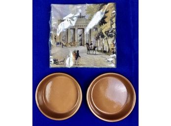 Two Pottery Earthtone Nut Dishes With Brand New Cocktail Napkins From Germany