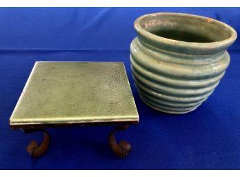 Vintage American Green Ceramic Tile Trivet & Green Ceramic Pot