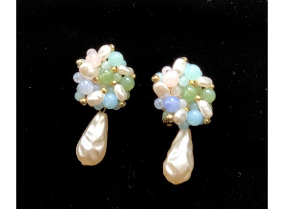VIntage Costume Stone Cluster And  Pearl Earrings