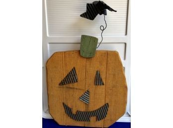Adorable Wooden Pumpkin Wall Design- Attached Bat, Tin Accents