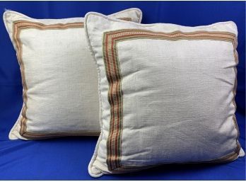 Two Luxurious Down Pillows - Lovely Ribbon Taping Trim On Neutral Linen Fabric Field