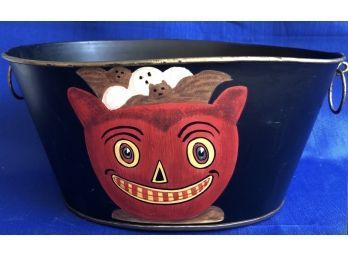 Hand Painted Tole Halloween Container - Great Candy Bin For Trick Or Treating!