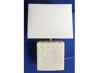 Contemporary Crisp White Lamp - Square Ceramic Base With Square White Linen Shade - Matching Ceramic Finial