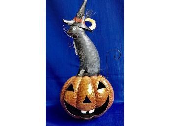 Adorable Black Cat On Pumpkin Candle Holder- All Metal