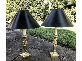 Pair Of Brass Lamps With Black Shades & Brass Finials