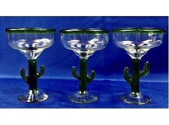 Mexican Glass Margarita Saguaro Cactus Green Rim Hand Blown Set Of 3 - Wonderful Handmade Glass