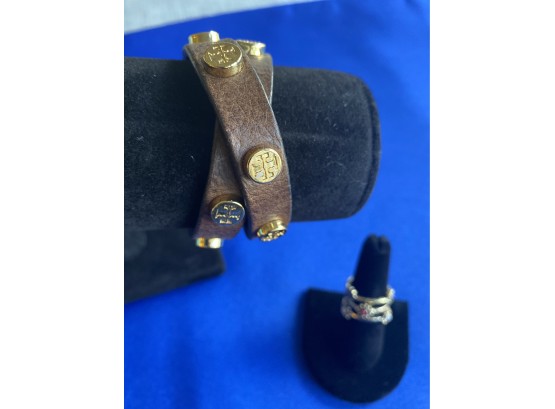 Leather Logo-Stud Double-Wrap Bracelet & Stacking Rings