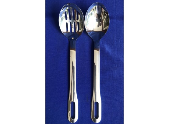 Two Quality Spoons - One Slotted One Serving - Signed 'Edelstahl Rost Frei Stainless Inox'