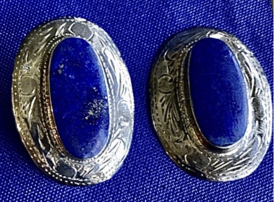 Vintage Native American Sterling Silver & Lapis Earrings - Beautifully Etched - Signed 'PASi - 925'