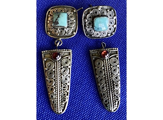Vintage Native American Inspired Sterling Silver Dangle Earrings With Turquoise & Cabochon - Signed '925'