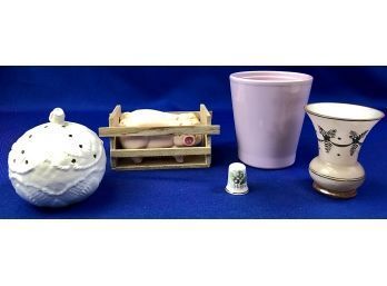 English Bone China Thimble, Porcelain Pomander, Czechoslovakian Bud Vase, German Cache Pot, Pink Pig Soaps