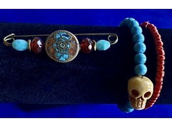Southwestern Inspired Beaded Pin With Turquoise & Amber Inlay Plus Two Beaded Bracelets
