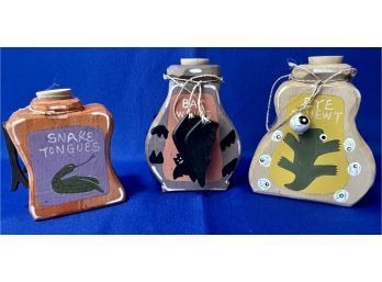 Three Hand Painted Wooden Halloween Decorations - Designed To Resemble 'Potions'