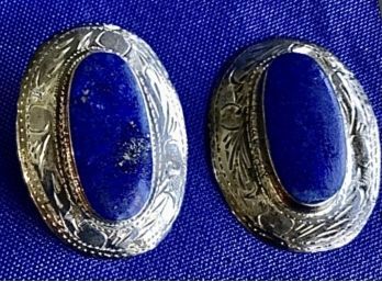 Vintage Native American Sterling Silver & Lapis Earrings - Beautifully Etched - Signed 'PASi - 925'