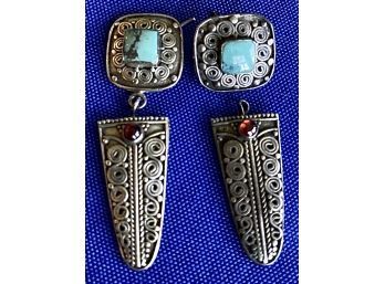 Vintage Native American Inspired Sterling Silver Dangle Earrings With Turquoise & Cabochon - Signed '925'