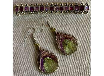 Silk Thread Earrings & Silvertone Bracelet With Purple Stones