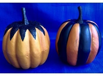Two Harlequin Inspired Pumpkins - Wonderful Black Painted Accents - Great Halloween Decor