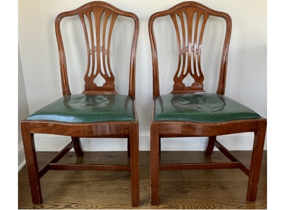 Lovely Pair Of Vintage Chippendale Style Chairs With Green Leather Slip Seats