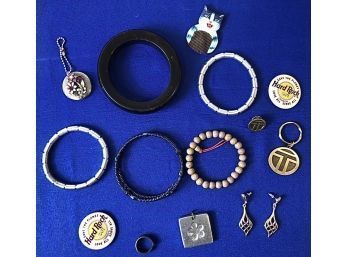 Collection Of Chunky Bangles, Key Chains, Mini Compact, Pendant, Earrings, Buttons - Fun Assortment!