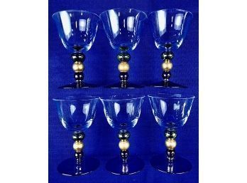Six Elegant Crystal Stemmed Glasses - Glass 'Beaded' Stem & Iridescent Base