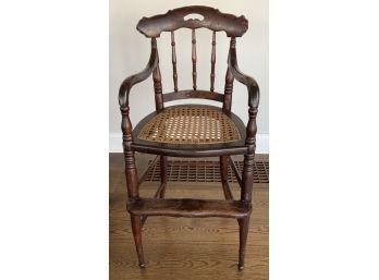 Antique Child's High Chair With Beautiful Wood & Cane Seat