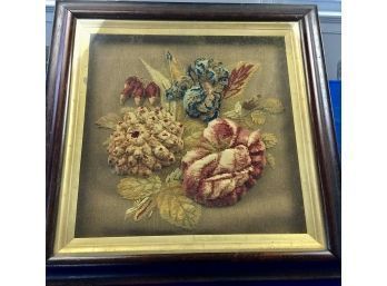 Antique Floral Needlepoint Framed Stumpwork Embroidery Woolie