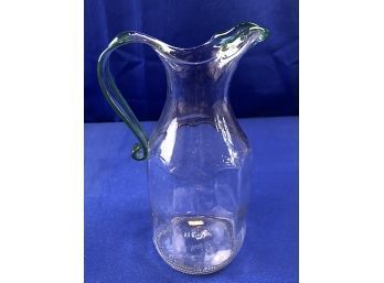 Vintage Hand Blown Glass Pitcher - Green Accents - Signed On Base Along With Pontil Mark