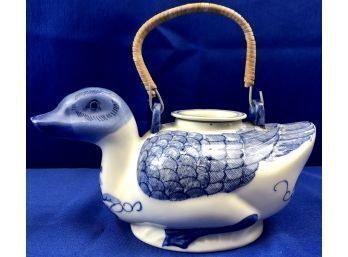 Blue & White Porcelain Tea Pot With Cane Wicker Handle