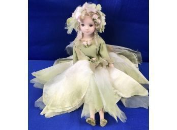 Fairy Flower Nymph Doll - Porcelain Face, Hands, & Legs - Cloth Body, Chiffon Dress - Velveteen Slippers