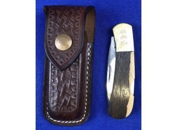 Gerber Wooden Handle Collectible Folding Knife With Hand Tooled Leather Sheath Holder