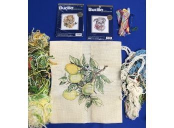Needlepoint Canvas, Fibers, & Two Cross Stitch Patterns