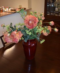 Wooden Dark Red Vase W/ Orange Silk Flowers