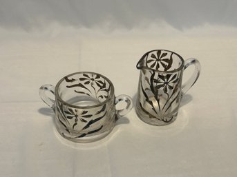 Vintage Sugar And Creamer Glass With Silver Overlay Heavy Glass Creamer And Open Sugar With Double Handles Ear