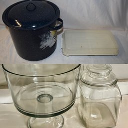 Glass Trifle Dish, Lidded Jar, Stock Pot, And Steamer Rotisserie Dish