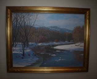 Stunning Oil Painting By Sam Vokey Ice Flows On The Saco River