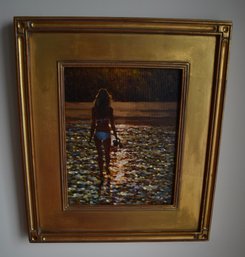 Signed Oil Painting In Gold Frame Girl In Bathing Suit In Water