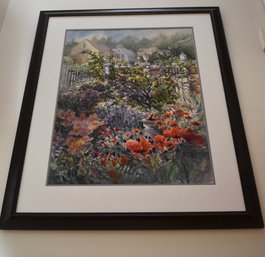 Doris Rice, Watercolor Of Garden With Poppies In Museum Glass